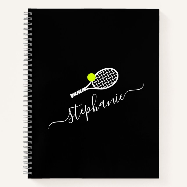 Custom Tennis Racket Monogram Name Black Notebook (Front)