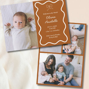 Custom Terracotta Bow Wavy Boho Collage Baby Birth Announcement