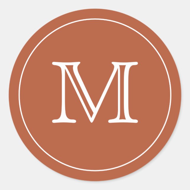 Custom TERRACOTTA White Monogram Letter Classic Round Sticker (Front)