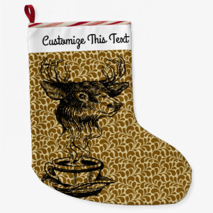 Custom Text/1960s 70s Abstract Coffee Deer Drawing Large Christmas Stocking