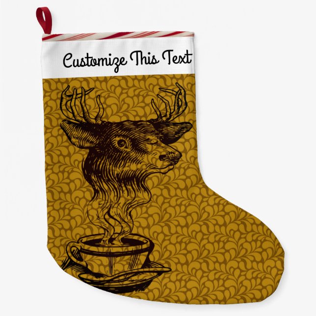 Custom Text/1960s 70s Abstract Coffee Deer Drawing Large Christmas Stocking (Front)