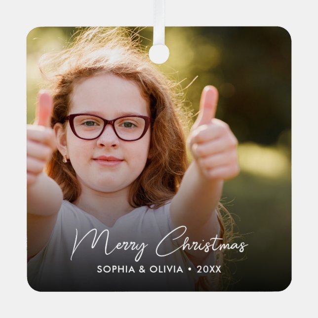 Custom Text 2 Photo Trendy Merry Christmas Metal Tree Decoration (Front)