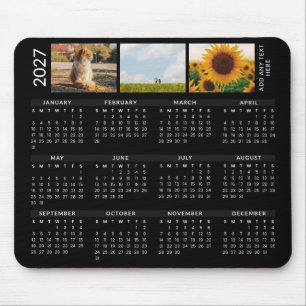 Custom Text & 3 Picture Modern Black 2027 Calendar Mouse Mat