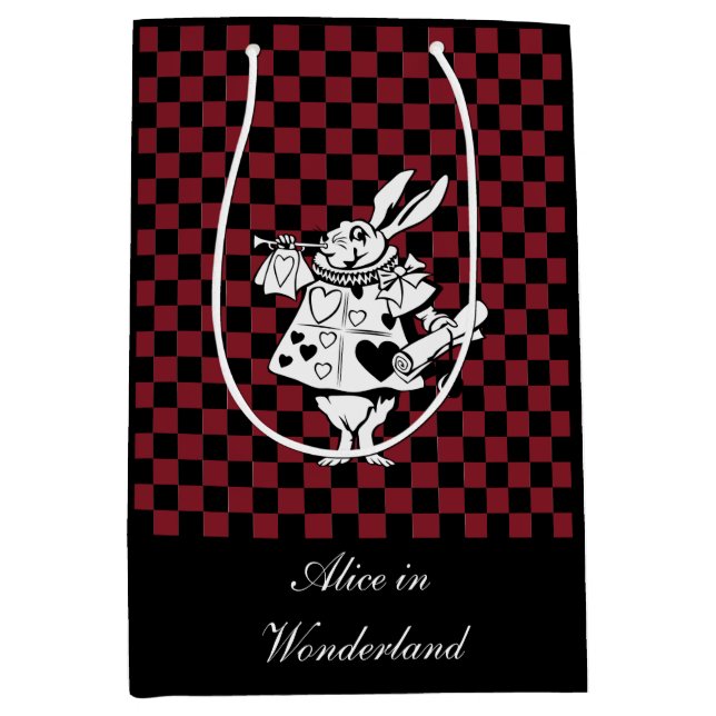 Custom Text Alice in Wonderland White Rabbit Check Medium Gift Bag (Front)