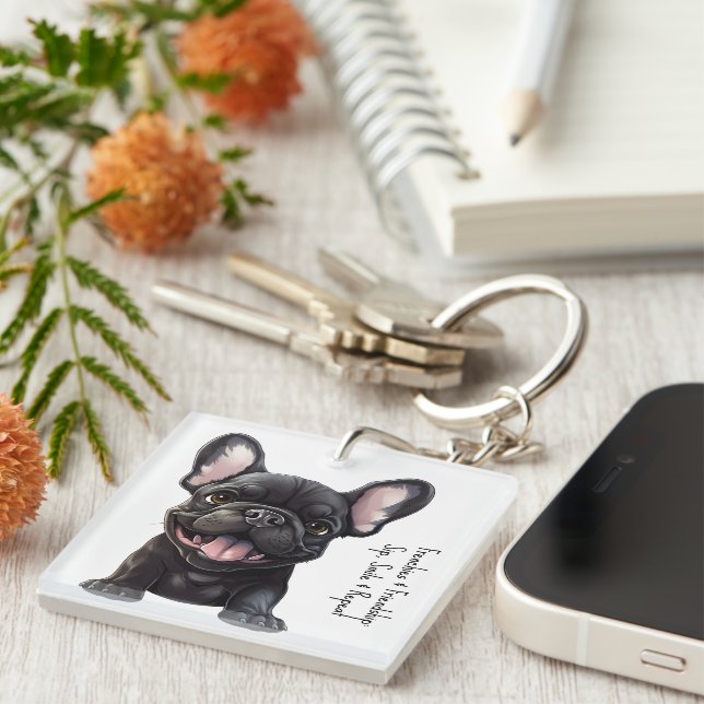 Custom text and background, 🐶Frenchie puppy Key Ring (Front Right)