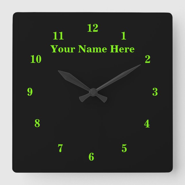 Custom Text and Colours Wall Clock Black Neon Gree (Front)