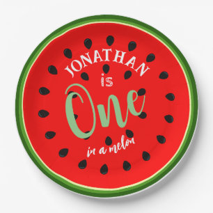 Custom text and image one in a melon red fruit paper plate