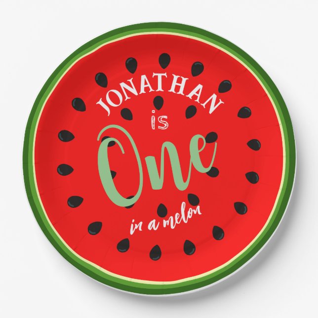 Custom text and image one in a melon red fruit paper plate (Front)
