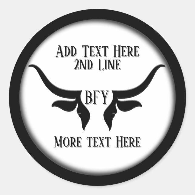 Custom Text and Monogram Bulls Horn Classic Round Sticker (Front)