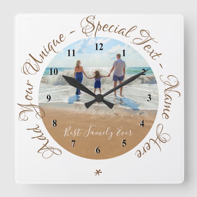 Custom Text and Photo With Family Your Own Desing Square Wall Clock (Front)