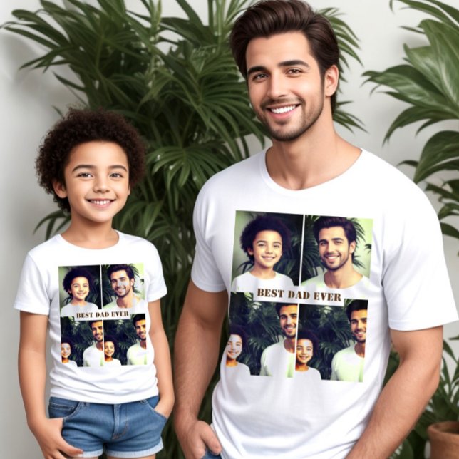 Custom text and picture x4 T-Shirt (Dad and kids. Personalized Best Dad Ever, four custom pictures.)