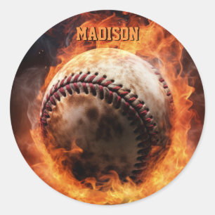 Custom Text Baseball on Fire Classic Round Sticker