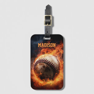 Custom Text Baseball on Fire Luggage Tag