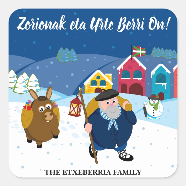 Custom text Basque Olentzero Christmas snow scene: Square Sticker (Front)
