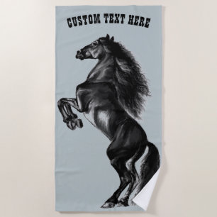 Custom Text Beach Towel - Rearing Black Wild Horse