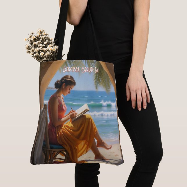 Custom Text Beachside Beauty Tote Bag (Close Up)