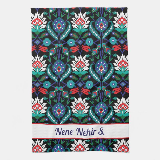Custom text 💙❤️🖤 Beautiful Iznik Turkish pattern Tea Towel (Vertical)