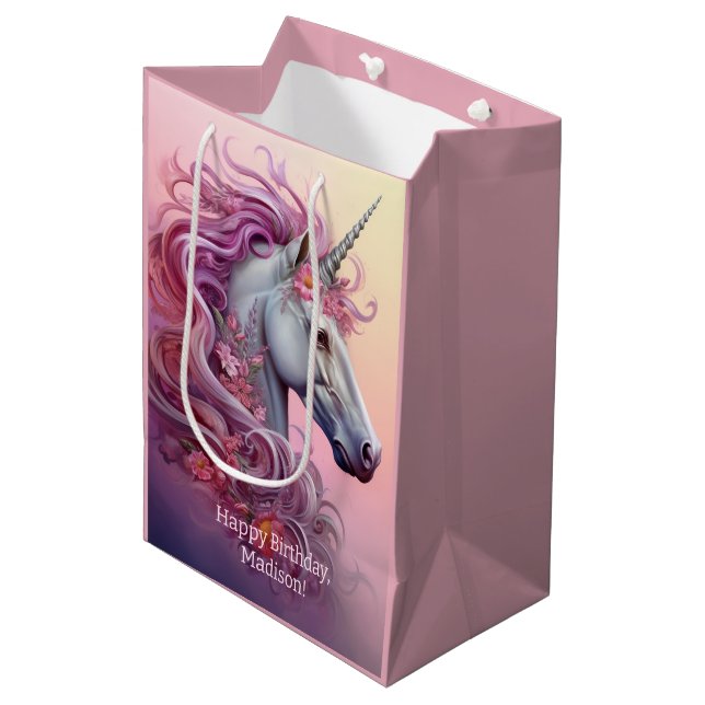Custom Text Beautiful Unicorns Medium Gift Bag (Front Angled)