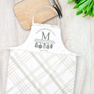 Custom Text   Beige White Buffalo Plaid Monogram Apron