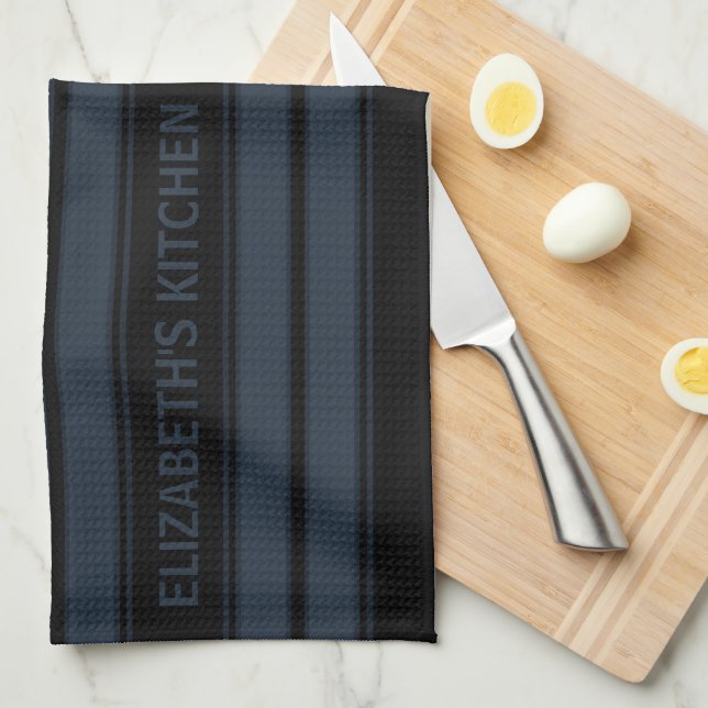 Custom Text Black and Grey Striped Tea Towel (Quarter Fold)