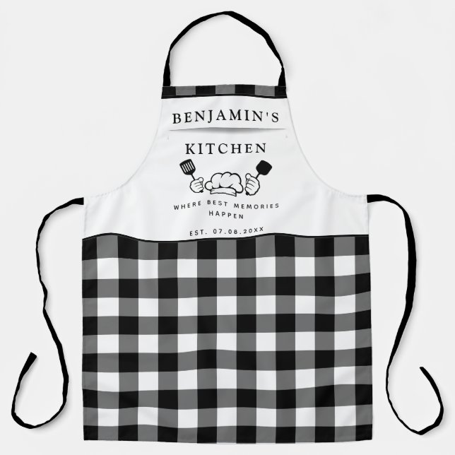 Custom Text, Black and White Buffalo Plaid Kitchen Apron (Front)