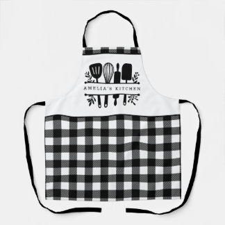 Custom Text Black and White Buffalo Plaid Kitchen Apron