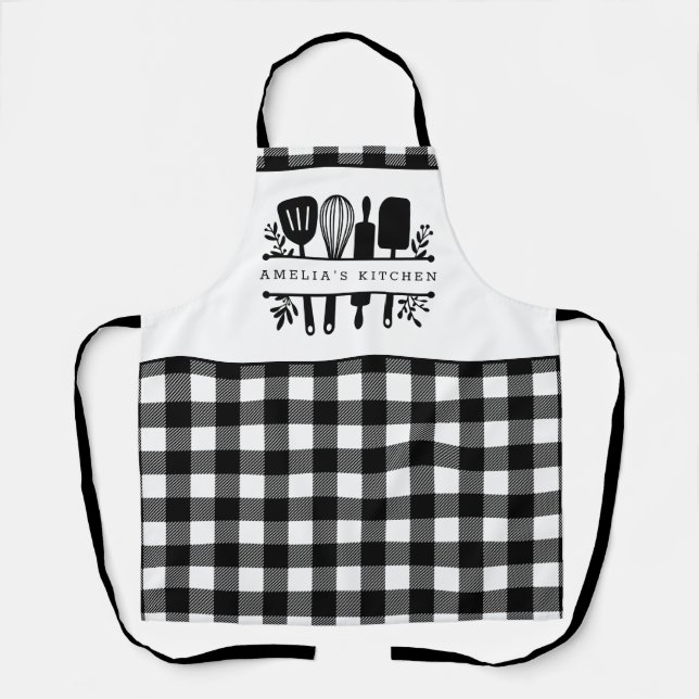 Custom Text Black and White Buffalo Plaid Kitchen Apron (Front)