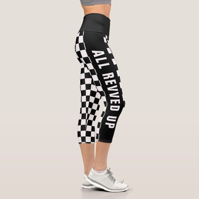 Custom Text Black And White Chequered Flag Pattern Capri Leggings (Right)