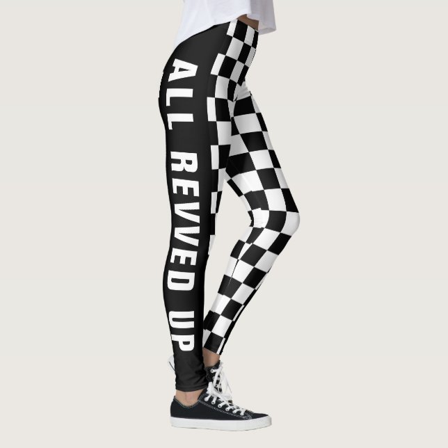 Custom Text Black And White Chequered Flag Pattern Leggings (Right)