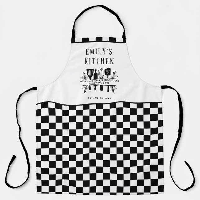 Custom Text, Black and White Chequered Plaid Kitch Apron (Front)