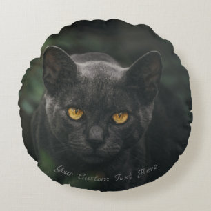 Custom Text   Black Cat Spooky Glowing Eyes Round Cushion