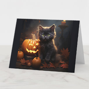 Custom Text Black Kitten, Jack o Lantern Halloween Card