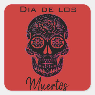 Custom Text Black/Red Sugar Skull/Day of the Dead Square Sticker