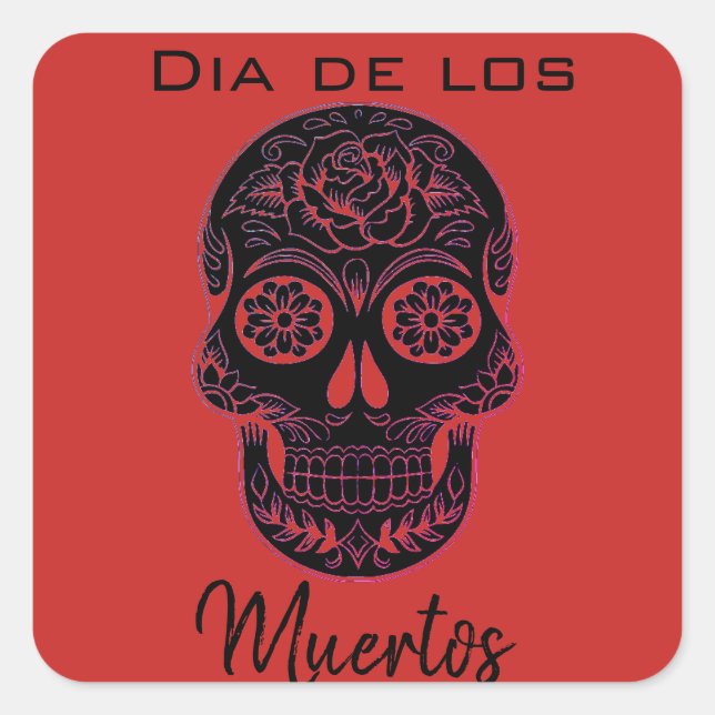 Custom Text Black/Red Sugar Skull/Day of the Dead Square Sticker (Front)