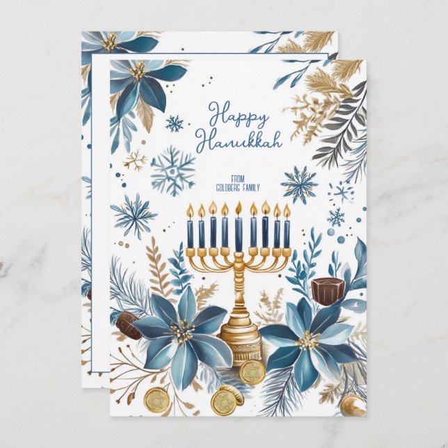 Custom text Blue Blossom Hanukkah Menorah Holiday Card (Front/Back)