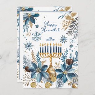 Custom text Blue Blossom Hanukkah Menorah Holiday Card
