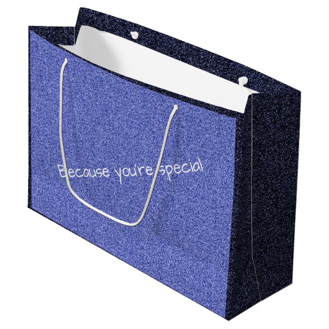 Custom text blue faux glitter large gift bag (Front Angled)