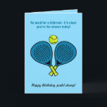 Custom text, blue Padel birthday card<br><div class="desc">This birthday card for a padel player features a light blue background with two crossed padel rackets in the centre. Above the rackets is a bright yellow padel ball, creating a playful and sporty design. The front of the card includes the text "No need for a tiebreak—it’s clear you’re the...</div>