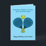Custom text, blue Padel birthday card<br><div class="desc">This birthday card for a padel player features a light blue background with two crossed padel rackets in the centre. Above the rackets is a bright yellow padel ball, creating a playful and sporty design. The front of the card includes the text "No need for a tiebreak—it’s clear you’re the...</div>
