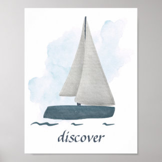 Custom Text Blue White Sailboat Nautical Ocean Pos Poster