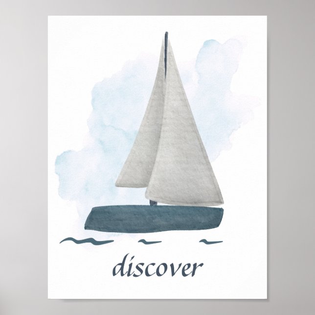 Custom Text Blue White Sailboat Nautical Ocean Pos Poster (Front)