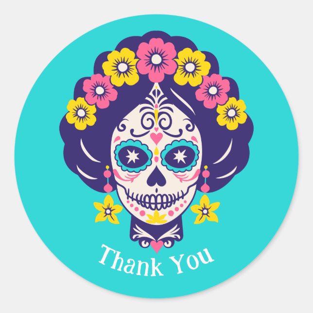 Custom Text Bright Floral Sugar Skull Girl   Classic Round Sticker (Front)
