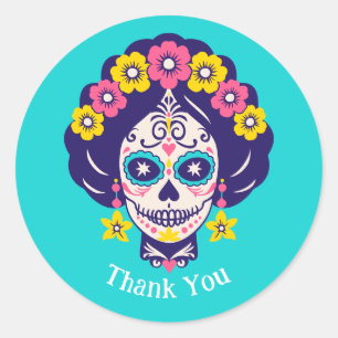 Custom Text Bright Floral Sugar Skull Girl   Classic Round Sticker