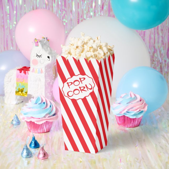 Custom Text Bright Red and White Striped Popcorn Favour Box (Party)