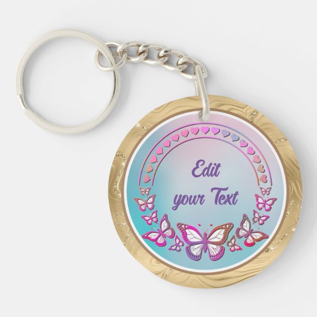 Custom Text, butterflies, and Heart love monogram Key Ring (Front)
