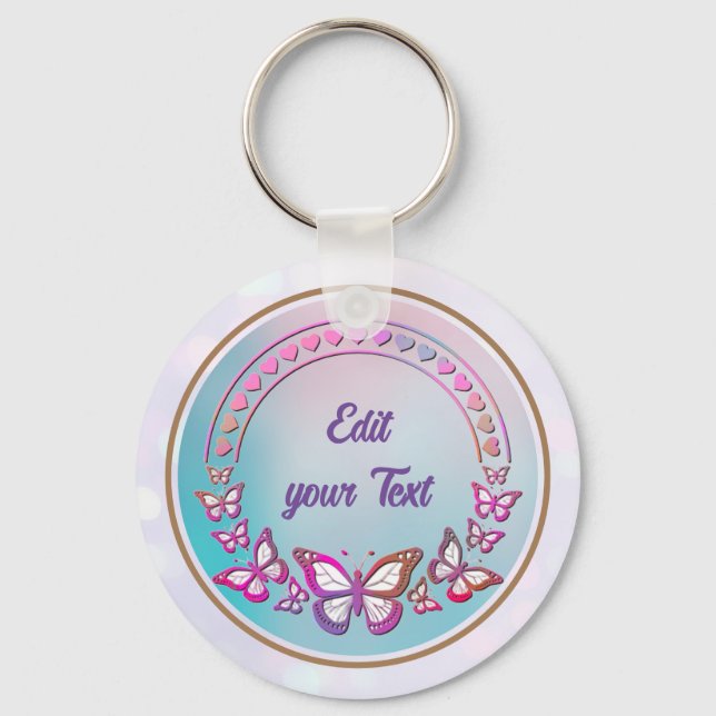Custom Text, butterflies, and Heart love monogram Key Ring (Front)