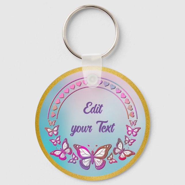 Custom Text, butterflies, and Heart love monogram Key Ring (Front)