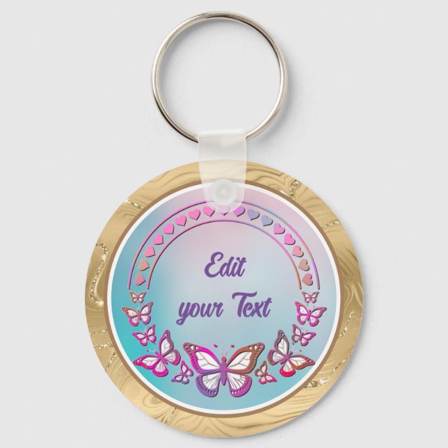 Custom Text, butterflies, and Heart love monogram Key Ring (Front)
