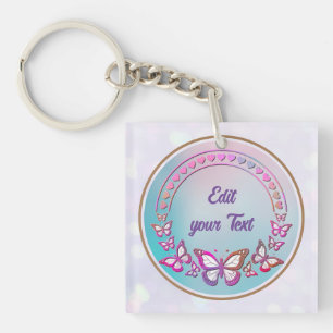 Custom Text, butterflies, and Heart love monogram Key Ring