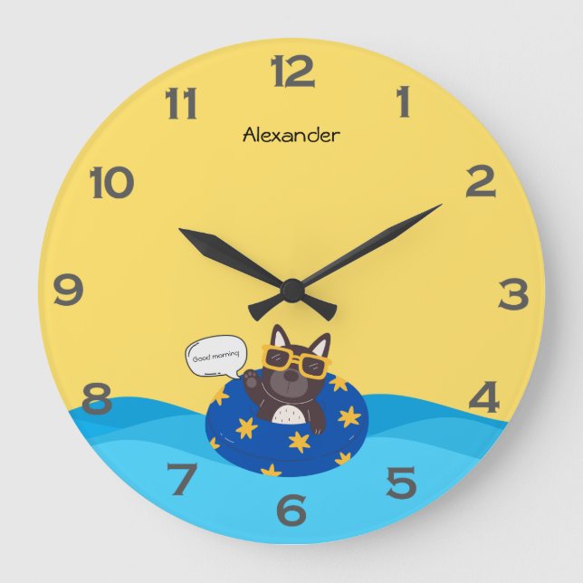 Custom Text Cartoon dog Yellow Large Clock (Front)